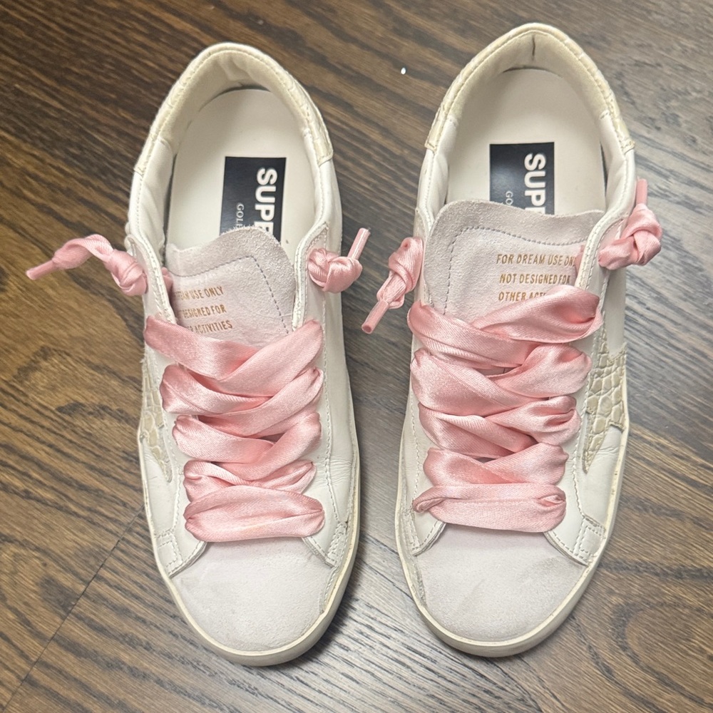 Golden Goose Cream and Pink Sneakers
